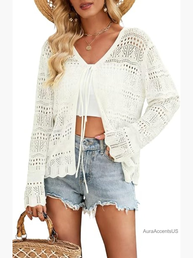 Tie Front Crochet Cardigan - Boho Scalloped Shrug For Dresses